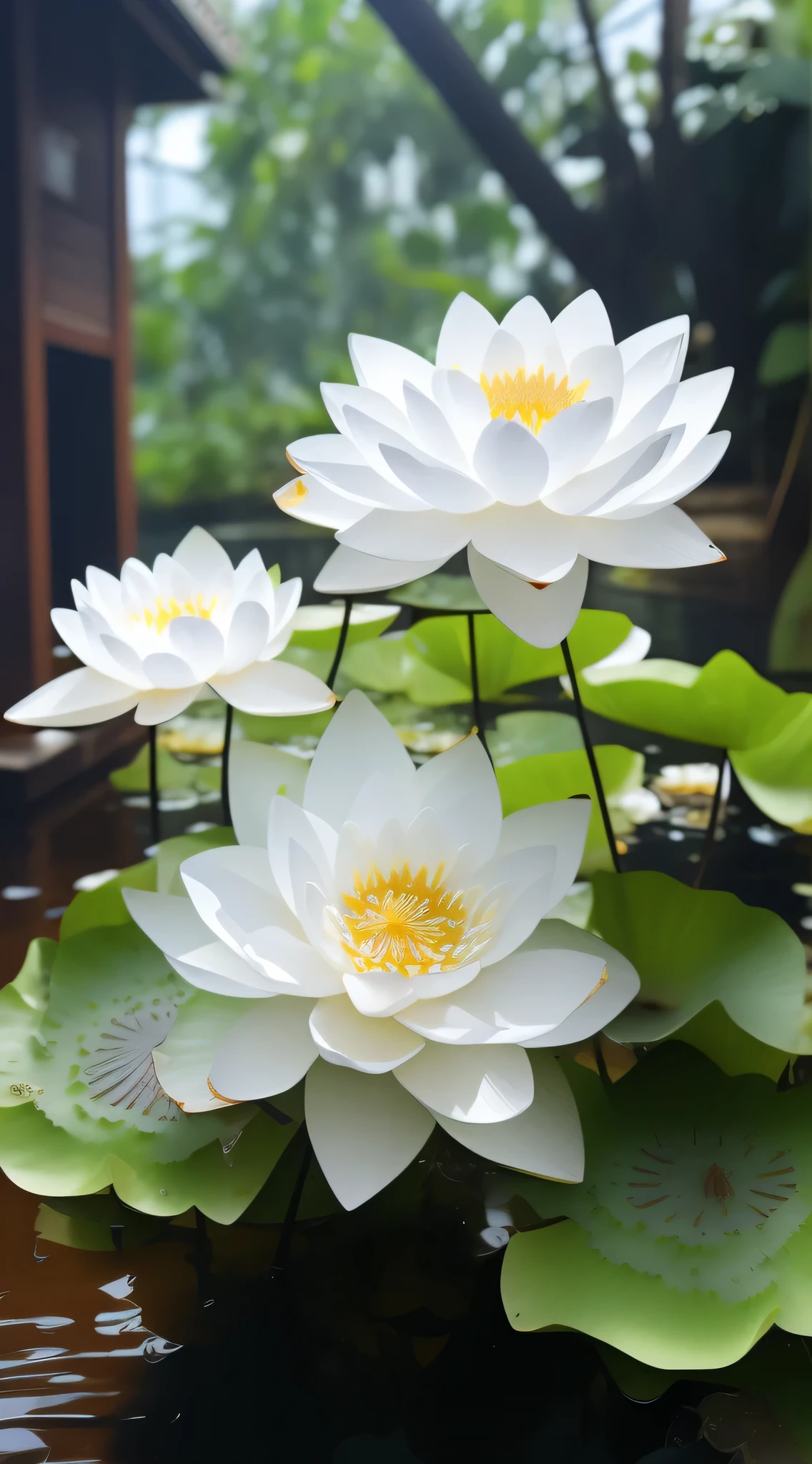 There are three white flowers in a pot on the table, lotuses, lotuses, lotus flowers on the water, lotus flower, lotus petals, with lotus flowers, Lotus, standing gracefully upon a lotus, water lilies, spirited water plants, Lotus pond, sitting on a lotus flower, very beautiful photograph of, waterlily mecha nymphaea