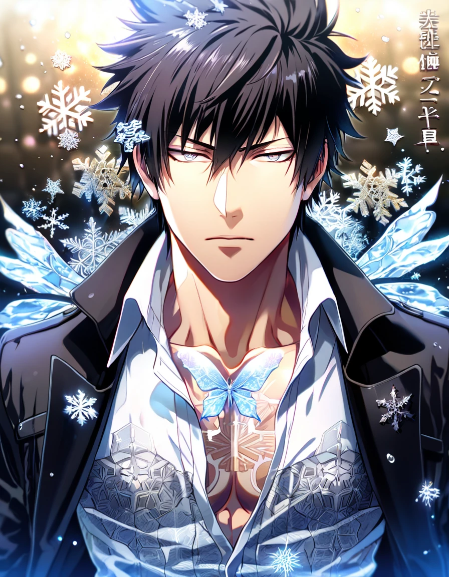 Ultra detailed, HDR, Highres, absurdres, master piece, Sebastian Michaelis, black hair, expressive red eyes, Kuroshitsuji, bare chest, toned chest, handsome, ice glittering butterflies, ice, petals, pink ice glass flowers, glittering, fantasy, magical, snowflakes, cold, handsome smile, Black Butler, solo, sexy man lying on a bed, black pants, room, bed