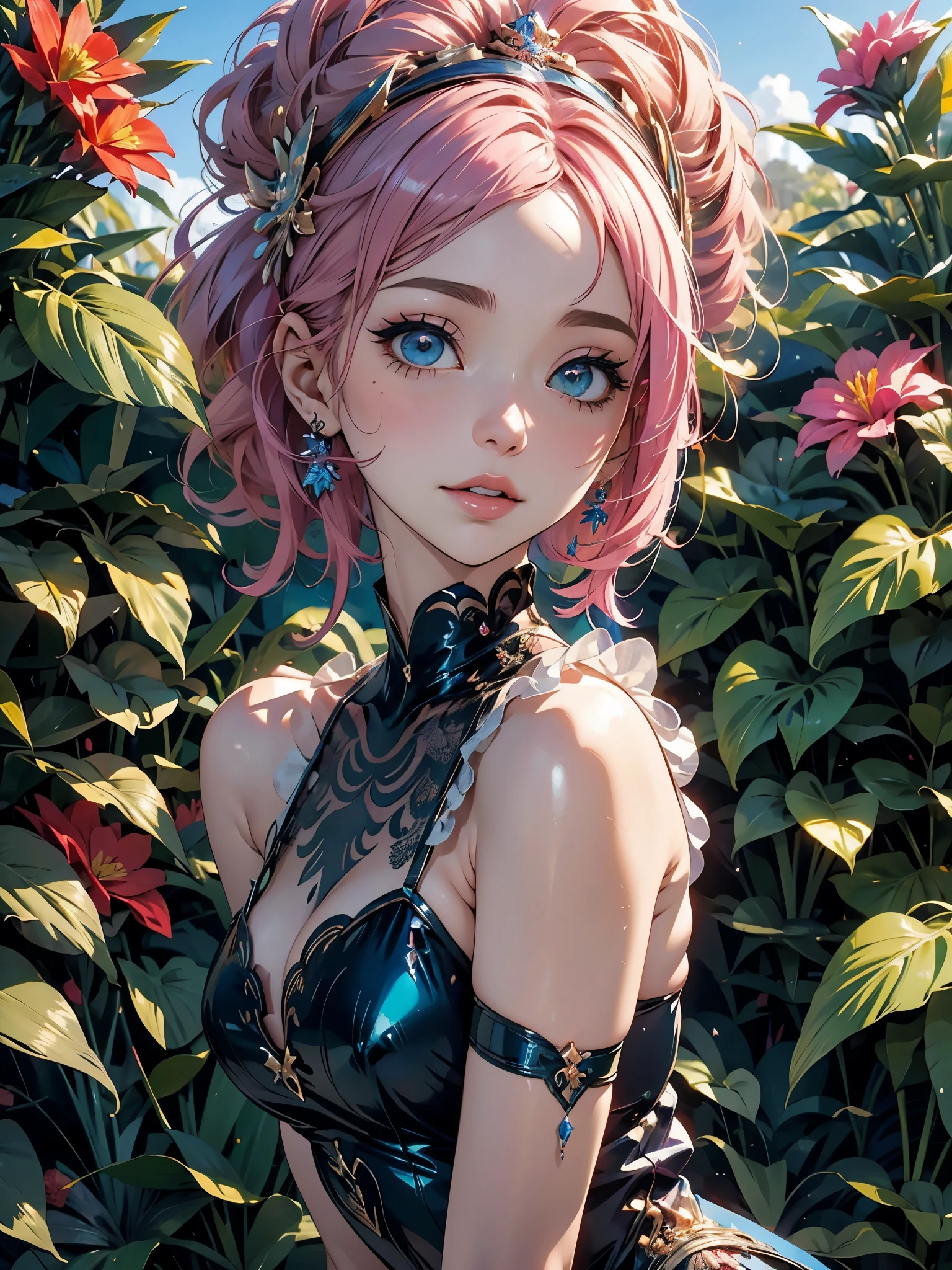with blue-pink hair and peacock feathers, corpo inteiro, sorriso de canto safado, olhos dourados brilhantes, aguas, inspirado em Nari Hiko-kun, sociedade cg, 🌺 Estilo anime. 8K, Estilo anime 3D, popular em CGSTATION, Arte detalhada de alta qualidade em 8K, Arte em estilo Guvez, estilo de arte de fantasia, estilo anime 3D realista, anime inspiration, Estilo anime mixed with Fujifilm,