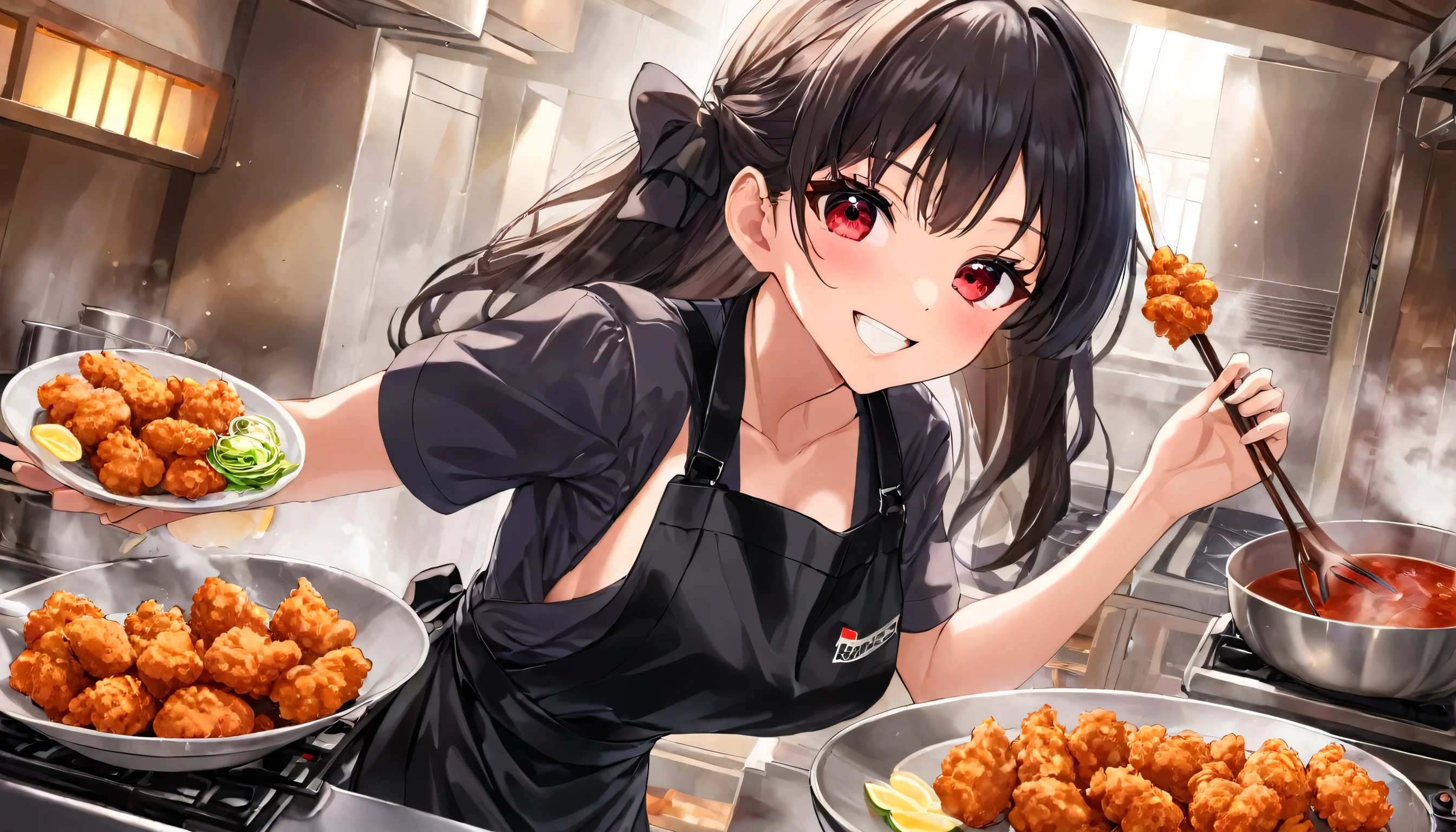 ((cooking style)) (making chicken Karaage in Big flyer), (in a lovely black Apron dress) (solo straight black hair long hair cute femdom girl, 18 yo, detailed red eyes, sexy smile, bigboobs:0.5), BREAK, (in the Large kitchen, many chicken Karaage on the biggest dishes), break, perfect anatomy, masterpiece, best quality, 16k.