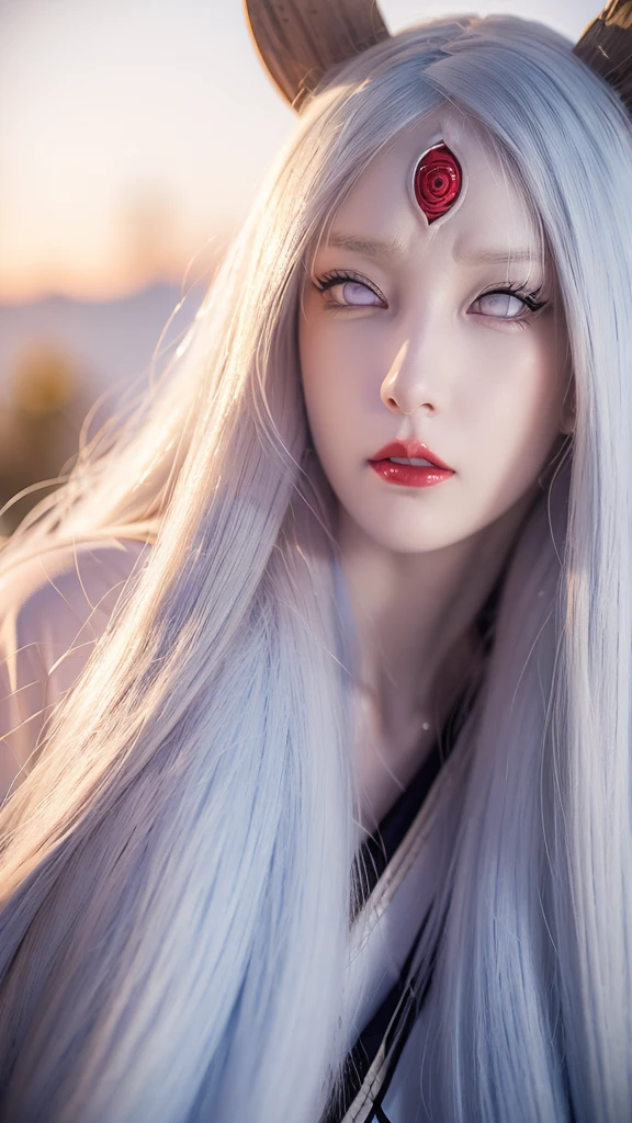 a close up of a person with long hair and a hoodie, otsutsuki kaguya, kaguya from anime naruto, as an anime character, perfect anime face, she has white hair with bangs, female anime character, anime character, anime best girl, hime cut hairstyle, white hair, (red glossy lips:1.3), white eyes, smile, city background, (beautiful face:1.3)