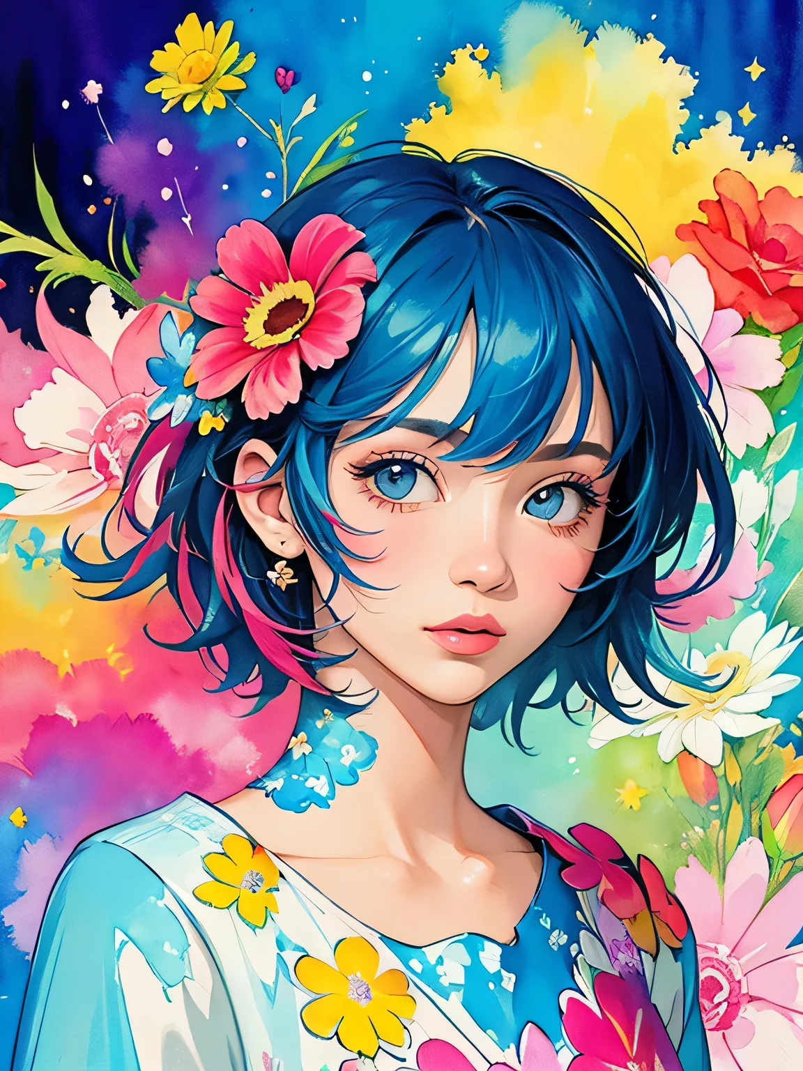 Micho Style、(((stylish fashion))), 8K Quality、Intense watercolor, Detailed watercolor art, Watercolor splash, Surreal, avant-garde pop art, Beautiful and expressive paintings, Beautiful artwork illustration, Very colorful tones, wonderful, Cool beauty, highest quality、Official Art, Vector art, Stylish design, (((The most beautiful girl))), (((highest quality))), HDR, ((detailed)), (((Doodle Art)), ((masterpiece)), ((Super detailed)), (((Colorful flowers))),(((Stylish))),