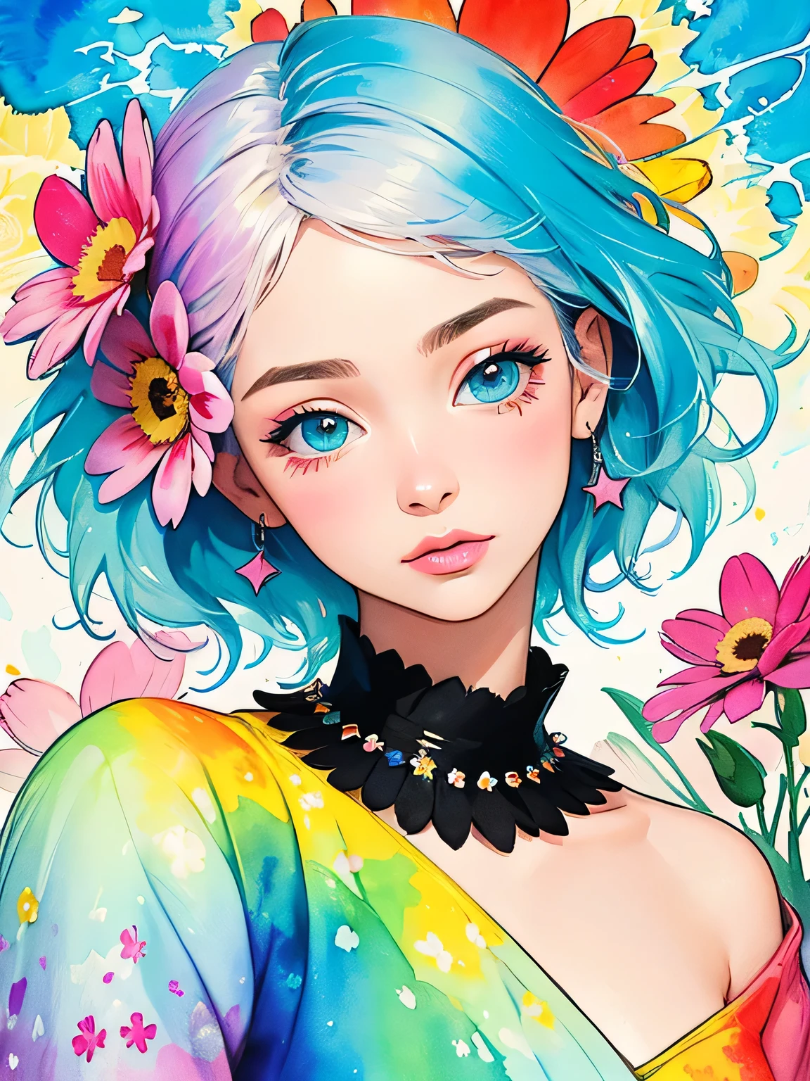 Micho Style、(((stylish fashion))), 8K Quality、Intense watercolor, Detailed watercolor art, Watercolor splash, Surreal, avant-garde pop art, Beautiful and expressive paintings, Beautiful artwork illustration, Very colorful tones, wonderful, Cool beauty, highest quality、Official Art, Vector art, Stylish design, (((The most beautiful girl))), (((highest quality))), HDR, ((detailed)), (((Doodle Art)), ((masterpiece)), ((Super detailed)), (((Colorful flowers))),(((Stylish))),