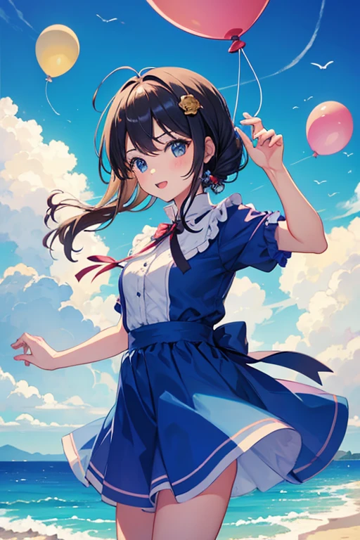 1girl,solo,blue sky,cloud,balloon,flying,castle floating in the sky
