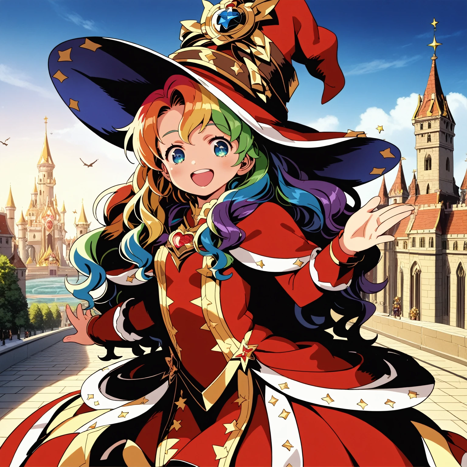score_9,source_anime,(Masterpiece, best quality, highres, detailed:1.5),1girl,beautiful_detailed_eyes,long hair,wavy hair,rainbow hair,looking at viewer,wearing wizard robes,wearing wizard hat,open mouth, smiling,night-time,city,