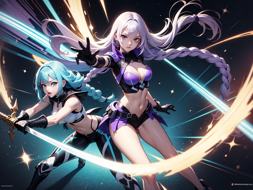 best quality, 32k, high-definition art, high resolution, ultra-detailed, extremely detailed, top quality, ultra quality, multiple girls, navel, 2girls, cleavage, medium breasts, intense action,
BREAK
a Cryptic Girl:(Purple White Gradient Long Twin Braided Hair:1.2),
BREAK
a SeaArt Girl:(Cyan Tornado Hair:1.2),
BREAK
multiple girls, weapon, midriff, sword, cyber costume, SF costume, sparkle, flash, colored skin, action pose, dynamic pose, action pose, heroic pose