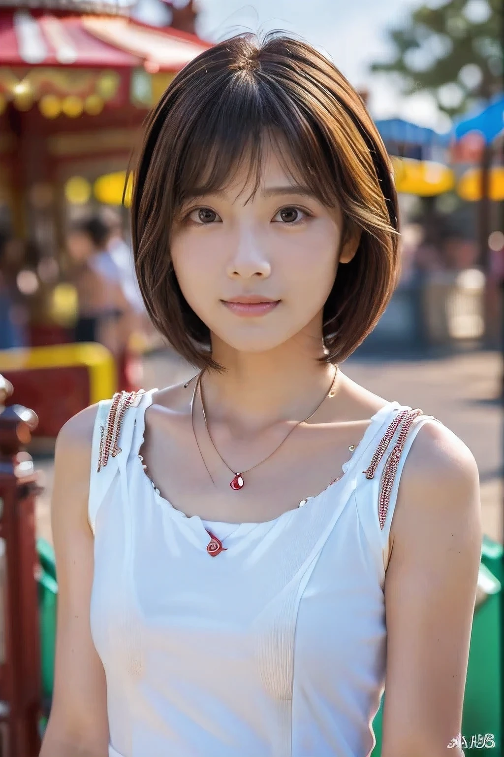 (An 18-year-old woman on a date at an amusement park:1.5)、(The best quality at its best:1.4), (Super detailed), (Very detailed CG unified 16k), Beautiful woman with perfect figure: 1.4, Sharp focus: 1.2, Very detailed, High-quality RAW color photos, Professional photography, Great face and eyes, cosmetics, (Amazingly beautiful girl), ((Feminine date wear:1.5)), Sexy posture，(View from below), Realistic movie faces, Wide zoomed out view of head to foot length, Full body long view, Realistic, ((Realistic natural orange red hairstyle, Realistic blue eyes)), ( Short Bob Hair:1.5), (necklace:1.5)、, Very beautiful face, Perfect model beauty, Mouth swelling, Highly detailed face and skin texture, Fine grain, double eyelid, Medium chest, smile, Crack, west, (masterpiece), highest quality, High resolution, Very detailed, Blurred Background, Depth of written boundary, Cinema Lighting, Great legs, , Clear, well-maintained skin, (((Women make up the majority of the photo)))
