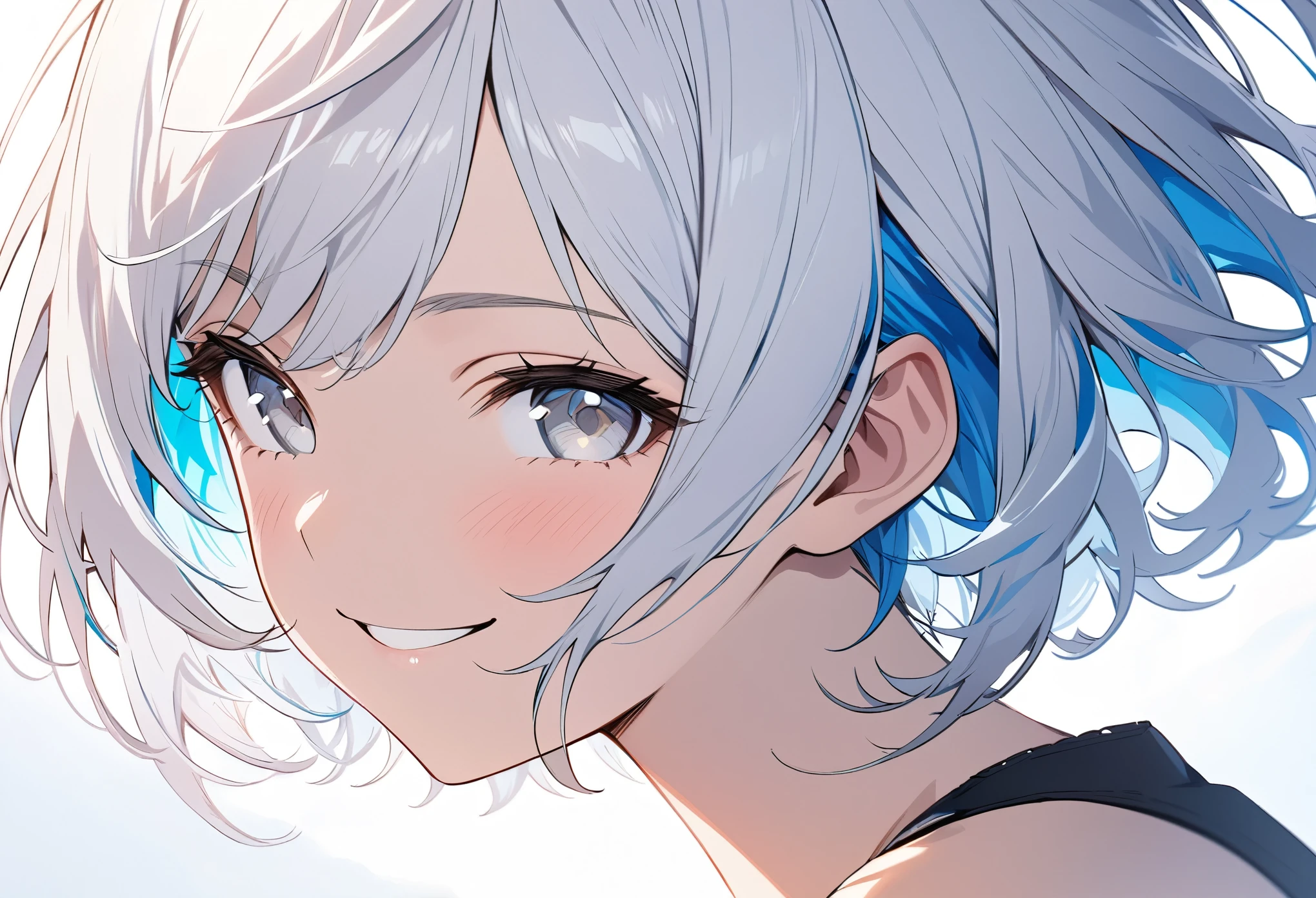 white hair, short hair, blue inner hair, muticolored hair, colored inner hair, sleeveless, white eye, 1girl, solo, masterpiece, best quality, ultra-detailed, illustration, portrait, best Light and Shadow quality, simple background, happy, small smile, (Upper Body)