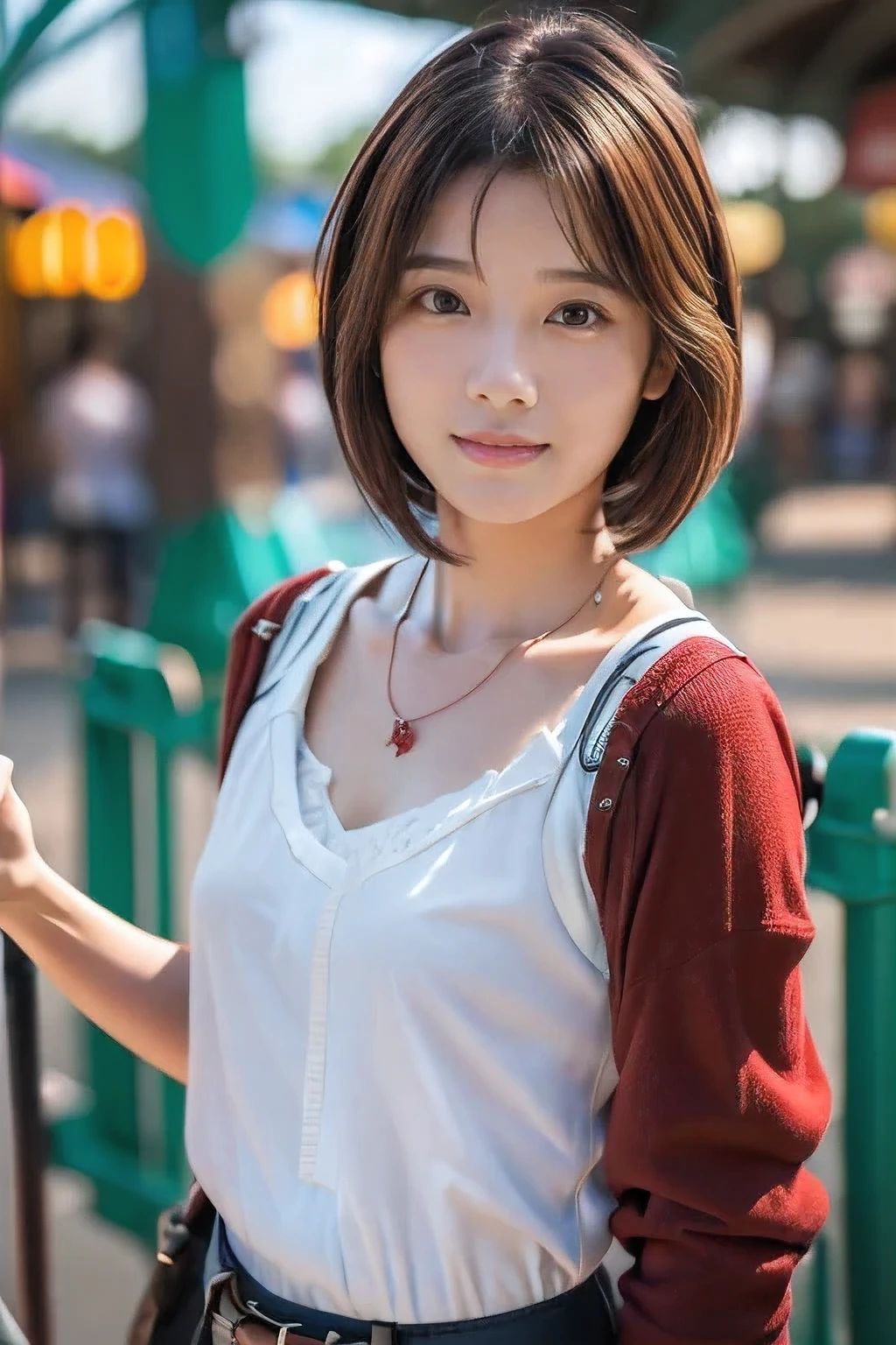 (An 18-year-old woman on a date at an amusement park:1.5)、(The best quality at its best:1.4), (Super detailed), (Very detailed CG unified 16k), Beautiful woman with perfect figure: 1.4, Sharp focus: 1.2, Very detailed, High-quality RAW color photos, Professional photography, Great face and eyes, cosmetics, (Amazingly beautiful girl), ((Feminine date wear:1.5)), Sexy posture，(View from below), Realistic movie faces, Wide zoomed out view of head to foot length, Full body long view, Realistic, ((Realistic natural orange red hairstyle, Realistic blue eyes)), ( Short Bob Hair:1.5), (necklace:1.5)、, Very beautiful face, Perfect model beauty, Mouth swelling, Highly detailed face and skin texture, Fine grain, double eyelid, Medium chest, smile, Crack, west, (masterpiece), highest quality, High resolution, Very detailed, Blurred Background, Depth of written boundary, Cinema Lighting, Great legs, , Clear, well-maintained skin, (((Women make up the majority of the photo)))
