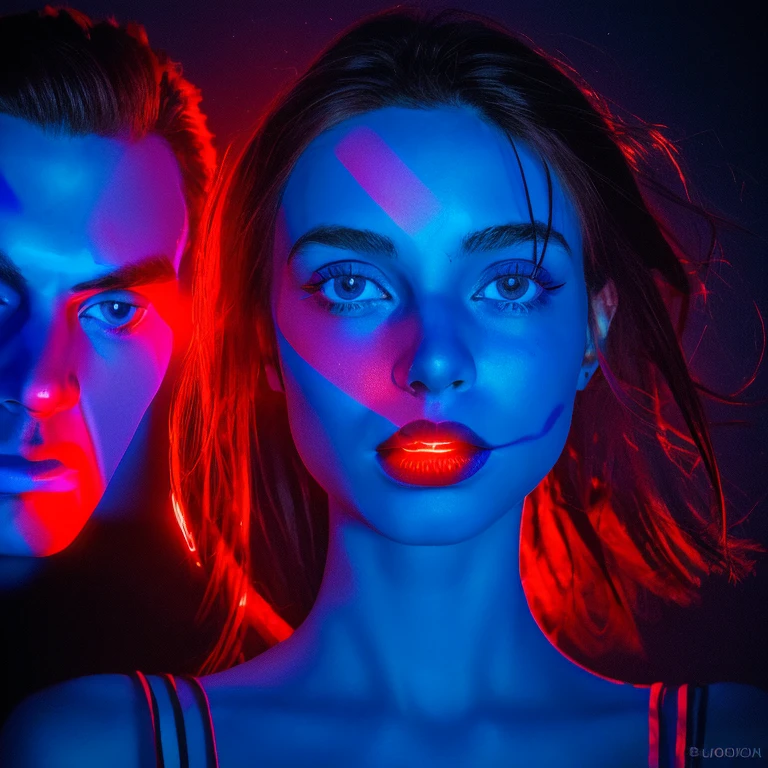 arafed image of a woman with a man's face in the background, glowing face, blue and red lighting, glowing blue face, red and blue lighting, red and blue back light, blue and red lights, red and blue neon, blue and red tones, light falling on face, face illuminated, glowing lens flare wraith girl, official artwork