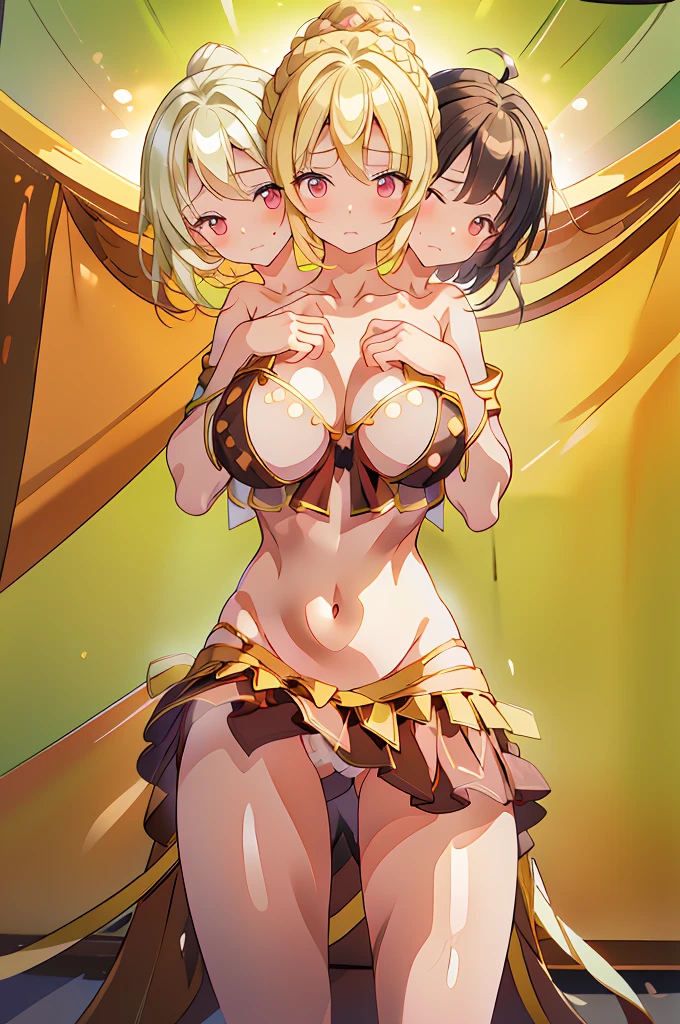 (masterpiece, best quality), best quality, (ultra-detailed), (3heads:1.5), 1girl, (yamame kurodani:1.3), masterpiece, best quality, ultra quality, ultra resolution, ultra detail, black and brown top, crop top, ((stomach)), midriff, ((groin)), brownish-black skirt, normal ears, shackles, blonde hair, very long hair, wavy hair, tied to a bun, brown eyes, very detailed eyes, parted lips, blonde, sweat, cute, toned belly, hand on own chest, eyelashes, (24 year old woman:1.3), (masterpiece:1.5), (best quality:1.5), (beautiful detailed), extremely detailed CG, extremely delicate and beautiful, depth of field, (finely detailed face), (perfect details:1.3), (mature female:1.3), wide pelvis, slender, large veiny breast, 16k resolution, highres, high quality, high definition, extremely detailed, masterpiece, blonde hair, long hair, alluring presence, braid, short skirt, close up, big tits, young, blonde,