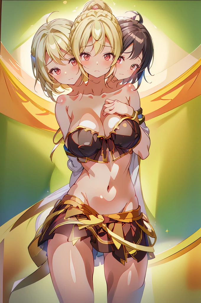 (masterpiece, best quality), best quality, (ultra-detailed), (3heads:1.5), 1girl, (yamame kurodani:1.3), masterpiece, best quality, ultra quality, ultra resolution, ultra detail, black and brown top, crop top, ((stomach)), midriff, ((groin)), brownish-black skirt, normal ears, shackles, blonde hair, very long hair, wavy hair, tied to a bun, brown eyes, very detailed eyes, parted lips, blonde, sweat, cute, toned belly, hand on own chest, eyelashes, (24 year old woman:1.3), (masterpiece:1.5), (best quality:1.5), (beautiful detailed), extremely detailed CG, extremely delicate and beautiful, depth of field, (finely detailed face), (perfect details:1.3), (mature female:1.3), wide pelvis, slender, large veiny breast, 16k resolution, highres, high quality, high definition, extremely detailed, masterpiece, blonde hair, long hair, alluring presence, braid, short skirt, close up, big tits, young, blonde,
