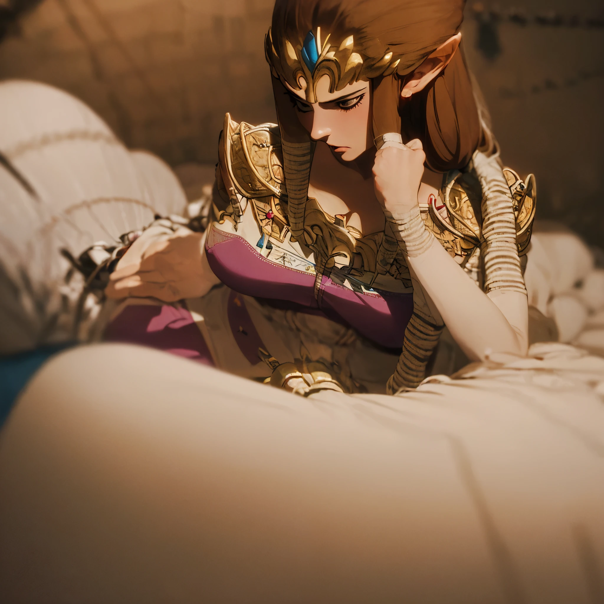 ((masterpiece)), ((highest quality)), (Very detailed), torture chamber,(((Waist tightly bound with rope))),pretty girl, 1 girl, alone,White T-shirt,skirt,Beautiful brown hair, (Beautiful Blue Eyes), Long Hair, Expressions of anguish,princess zelda, twpr, nintendo, the legend of zelda,