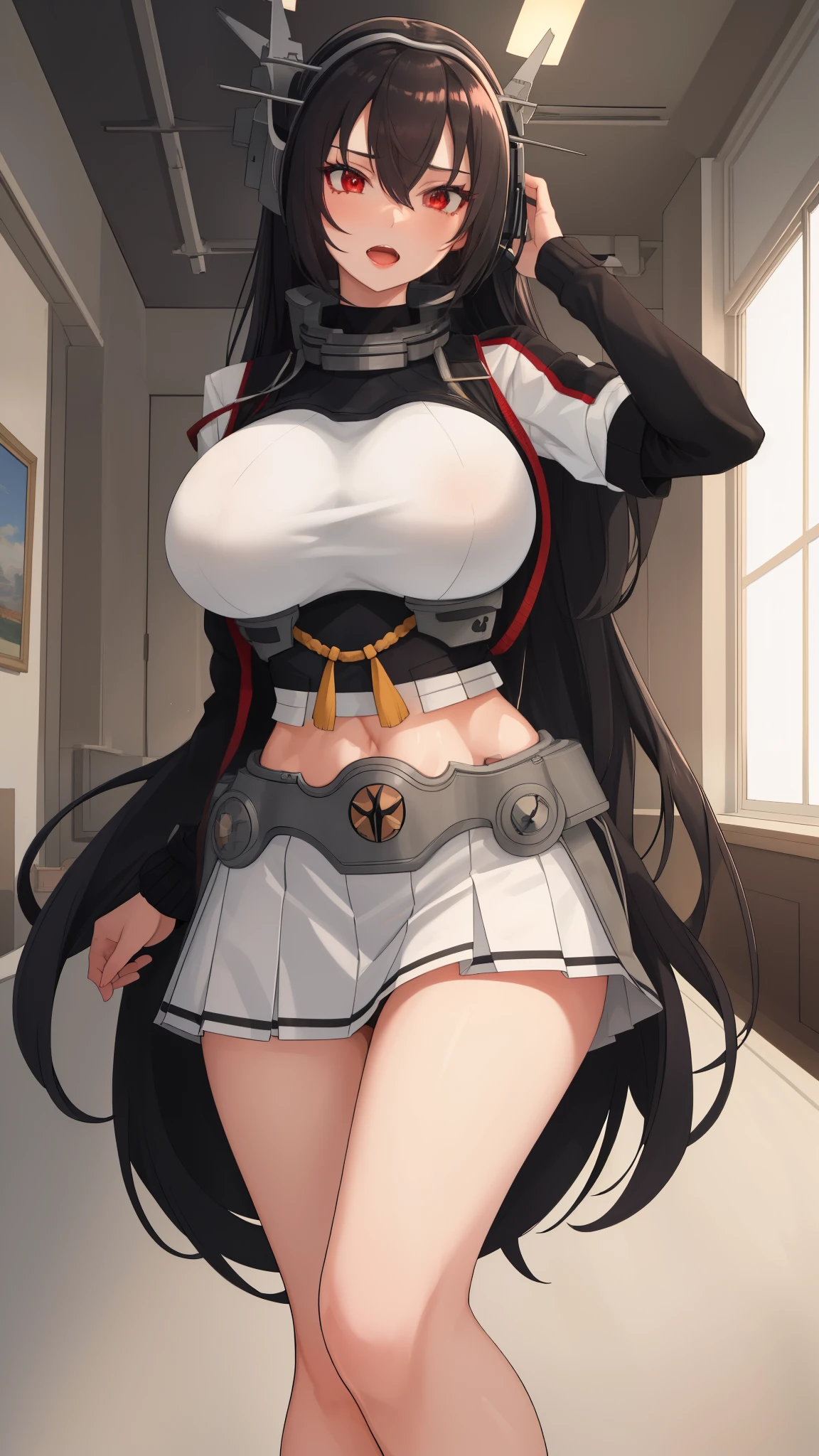 best quality, masterpiece, highres, solo,  black_hair, long_hair, red_eyes,huge breasts, hair_between_eyes, headgear, large_breasts, ,,indoor,,open mouth,wide hips,white sweater,skirt,tall,indoor