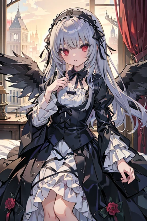 masterpiece, highest quality, High resolution, 1 ****************、Red eyes、
Gray Hair、Straight Long Hair、Luxury Bedroom、sui1, suigintou, Gothic Dress, Flower Hair Ornaments, Long sleeve, gothic hair band, ribbon, Black Dress, Black wings