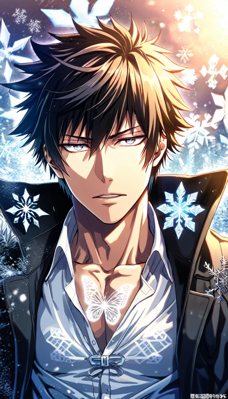 absurdres, highres, ultra detailed, HDR, master piece, best quality, Kougami Shinya, black hair, expressive gray eyes, Psycho Pass, solo, sexy man, handsome, toned chest, black coat, snowflakes, butterflies, winter