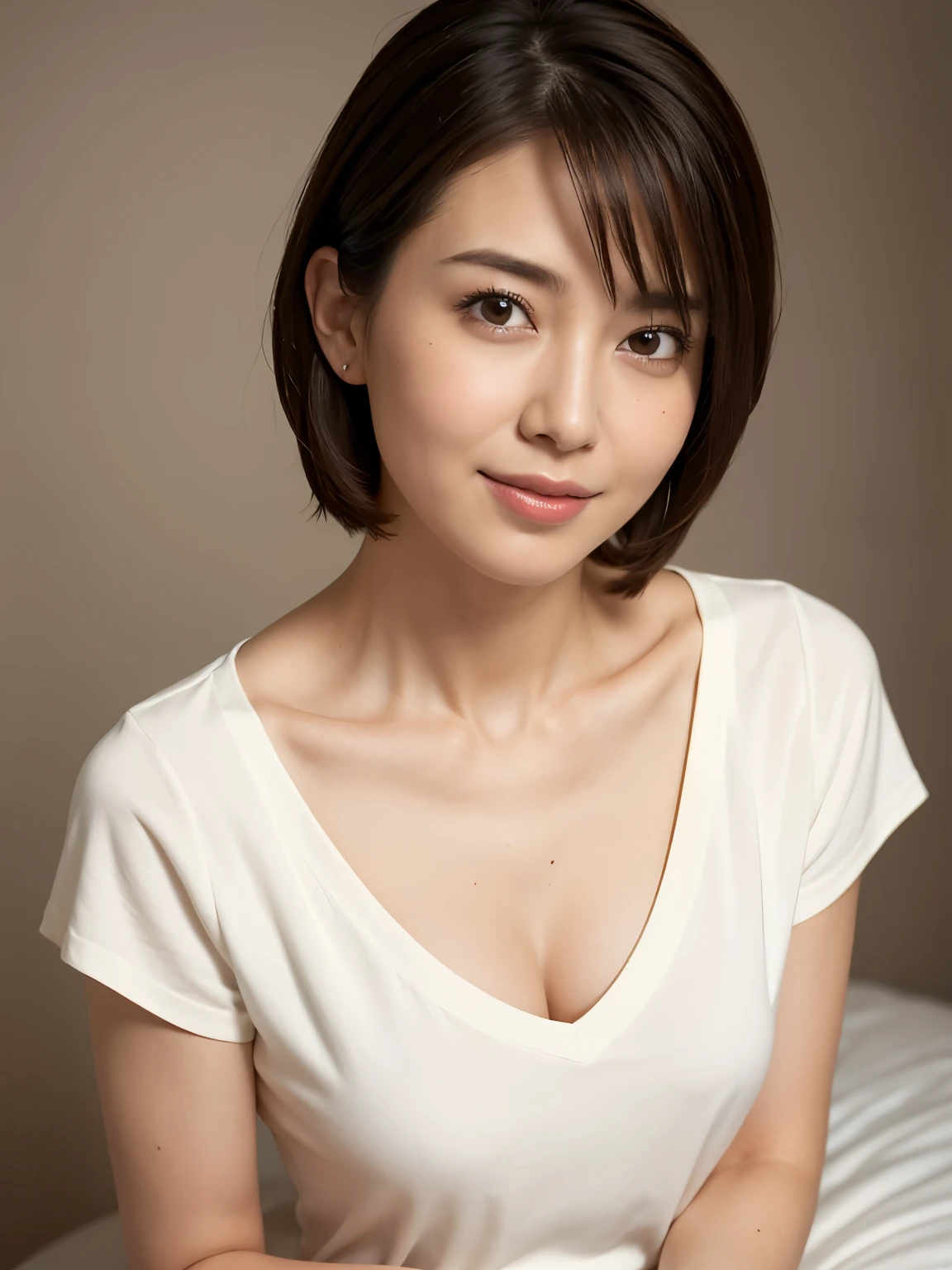 (1 female), Upper Body, ((View your viewers)), (From above), short hair, Bob Hair, Straight Hair, Shapely breasts, Cleavage, V-neck light knit shirt, Short sleeve, Perfect Face, Ultra-detailed eyes, Ultra-detailed skin textures, Plain background, highest quality, Realistic, Very detailed, High resolution, 8k wallpaper, RAW Photos, Professional photography, Photorealistic