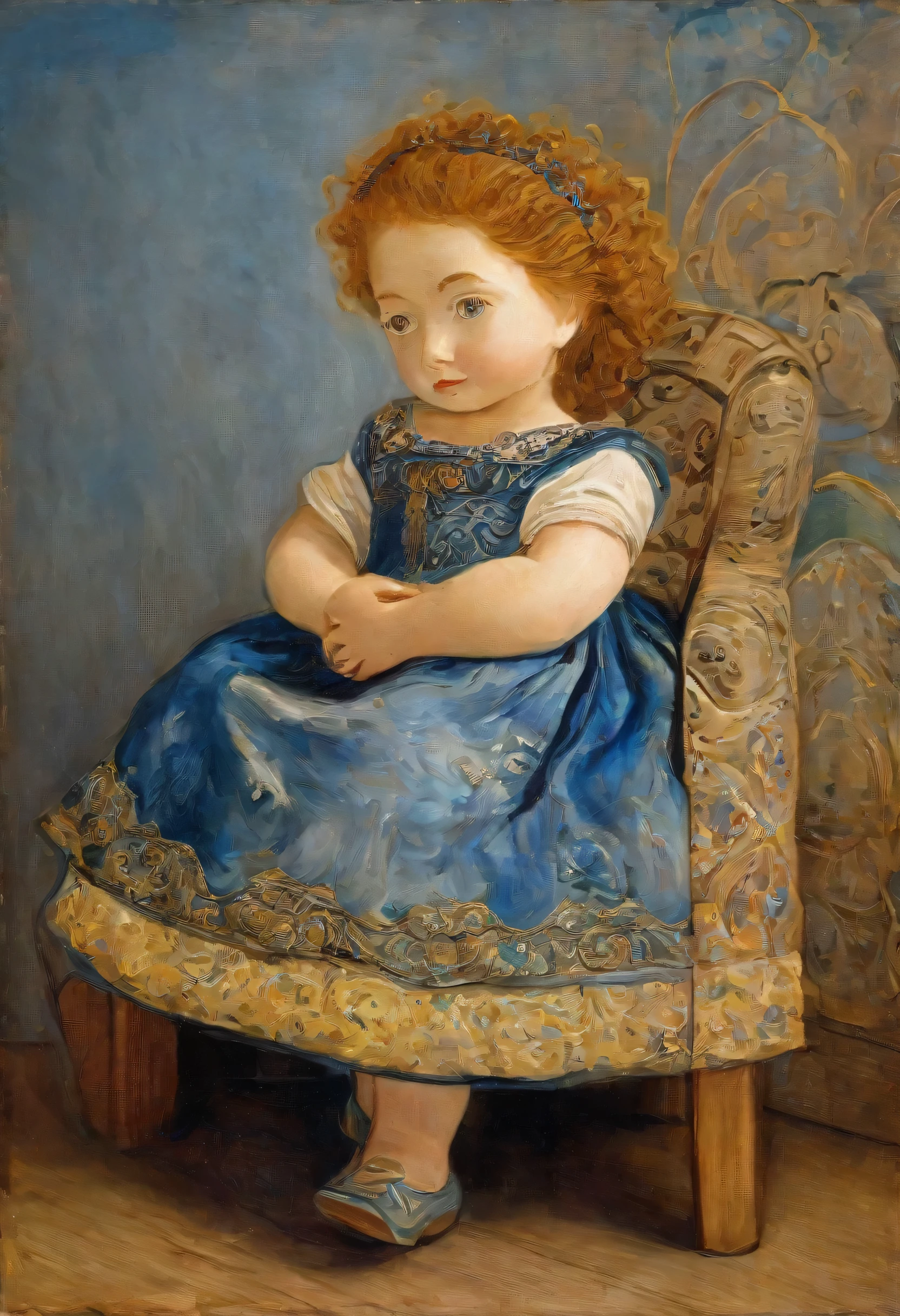 oil painting, (best quality, highres), detailed antique doll, wearing a blue and gold dress, decorative patterns, intricate lace details, porcelain doll features, delicate hand-painted face, curly hair, vintage wooden chair, velvet upholstery, embroidered cushion, natural lighting, soft shadows, warm color palette, leonardo da vinci style, van gogh, renoir, 