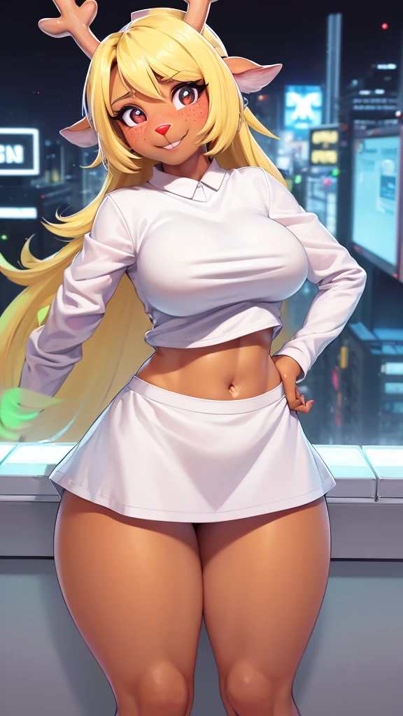 (noelle, furry female anthro, blonde hair, deer girl, red deer nose, white eyes, white pupils, white nurse outfit, big breasts, midriff), blushing, hands on hips, wide hips, green neon city, smiling