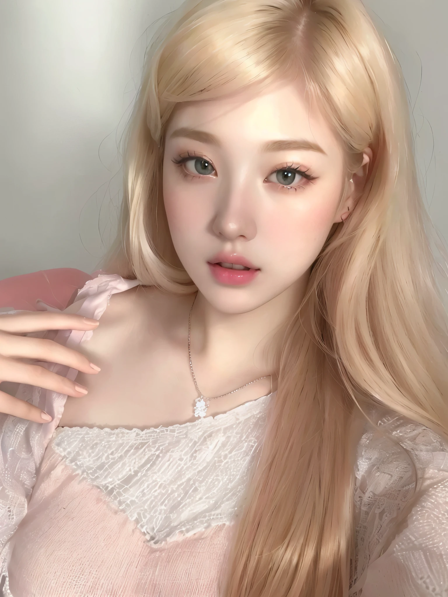 Un primer plano de una mujer con cabello largo y rubio con un vestido rosa, pale porcelain white skin, kawaii realista portrait, pale round face, ulzzang, extremely pale blonde hair, ultrarealista sweet bunny girl, realista. cheng yi, pale, shiny skin, very very pale blonde hair, pale milky white porcelain skin, extremely pale white skin, maquillaje popular de corea del sur