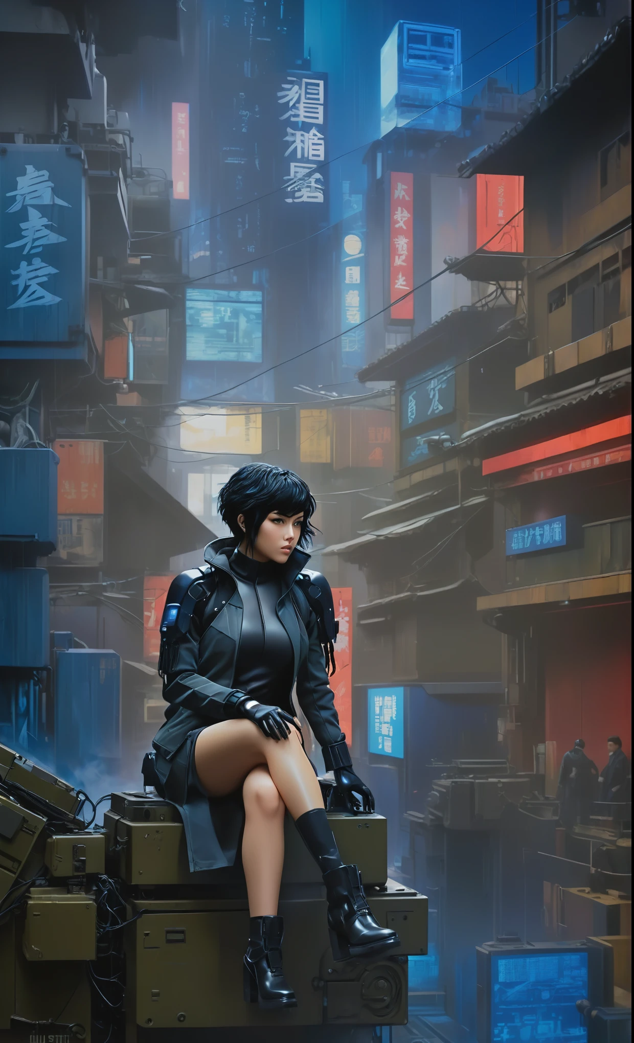 Ghost in the Shell Vol.2, by Luis Duarte, Luis Duarte style, blue and black shading, Neo-Tokyo style, Element Air, Mythpunk, Graphic Interface, Sci-Fic Art, Dark Influence, NijiExpress 3D v3, Kinetic Art, Datanoshing, Oilpainting, Ink v3, Splash style, Abstract Art, Abstract Tech, Cyber Tech Elements, Futuristic, Illustrated v3, Deco Influence, AirBrush style, drawing