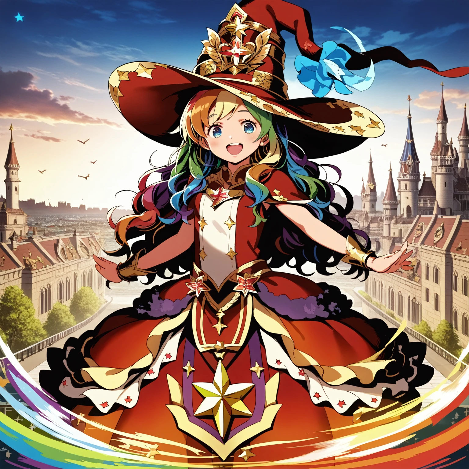 score_9,source_anime,(Masterpiece, best quality, highres, detailed:1.5),1girl,beautiful_detailed_eyes,long hair,wavy hair,rainbow hair,looking at viewer,wearing wizard robes,wearing wizard hat,open mouth, smiling,night-time,city,