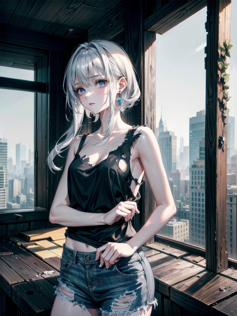 ruined building, (torn clothes), tank top shirt, skirt, absurdres, RAW photo, extremely delicate and beautiful, masterpiece, Best Quality, ultra high resolution, 32k, hyperrealistic, ultra-detailed, detailed description, pale skin, 20 years old, tearful mole, earring, short medium hair, wavy hair, whole body shot,