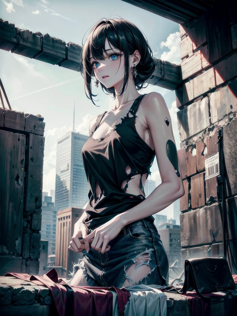 ruined building, (torn clothes), tank top shirt, skirt, absurdres, RAW photo, extremely delicate and beautiful, masterpiece, Best Quality, ultra high resolution, 32k, hyperrealistic, ultra-detailed, detailed description, pale skin, 20 years old, tearful mole, earring, short medium hair, wavy hair, whole body shot, 