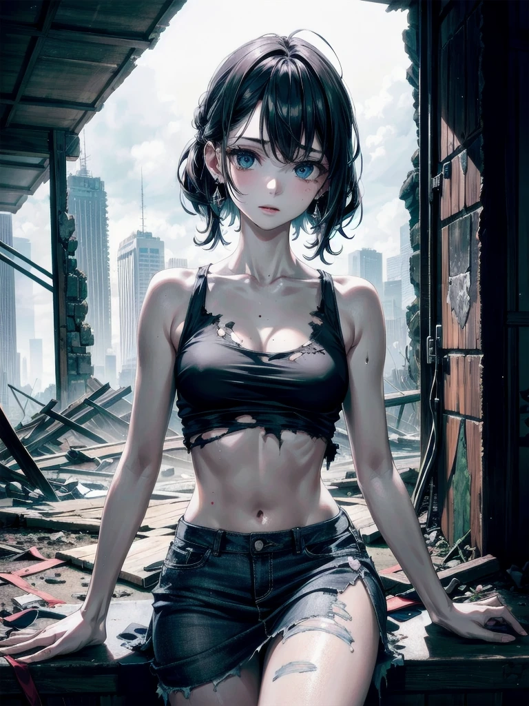 ruined building, (torn clothes), tank top shirt, skirt, absurdres, RAW photo, extremely delicate and beautiful, masterpiece, Best Quality, ultra high resolution, 32k, hyperrealistic, ultra-detailed, detailed description, pale skin, 20 years old, tearful mole, earring, short medium hair, wavy hair, whole body shot,