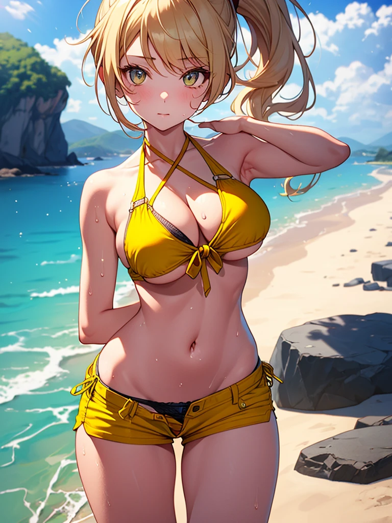 (highest quality, High resolution, perfect pixel, Depth of bounds written, 4K), from above, beach, detailed eyes, (1 lady), tall, (skinny body:1.2) , (thin thighs:1.2), (Narrow hips:1.2), (medium breasts), blond hair, (ponytail:1.2), (yellow Short pants bikini:1.2), (unbutton:1.3), (cross halter bikini), (rio cut pants), (panty strap:1.3), (denim short panty pull), (wariza:1.5), (armpit:1.3), (breast hold), (clear face), sweat,