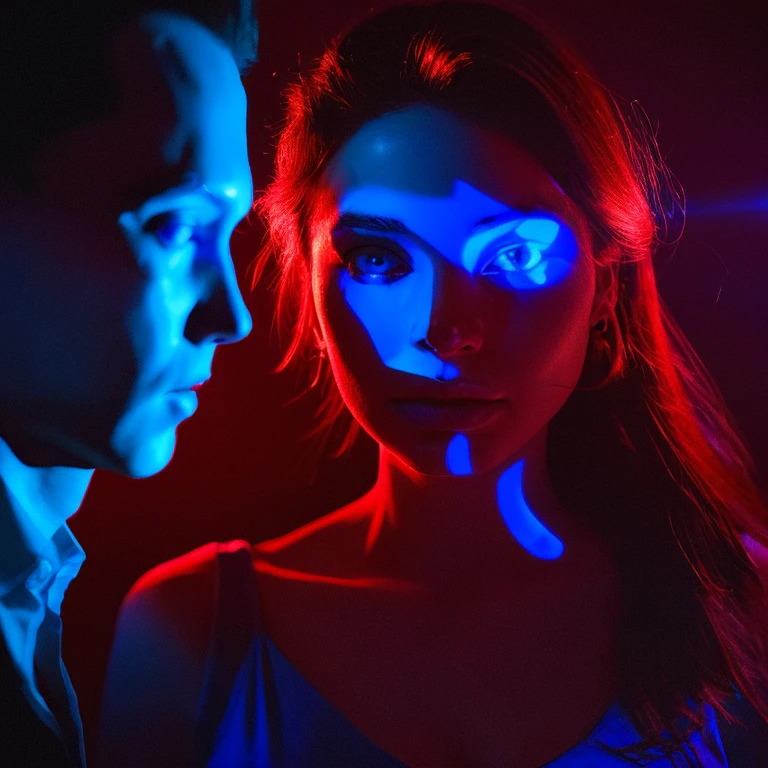 arafed image of a woman with a man's face in the background, glowing face, blue and red lighting, glowing blue face, red and blue lighting, red and blue back light, blue and red lights, red and blue neon, blue and red tones, light falling on face, face illuminated, glowing lens flare wraith girl, official artwork