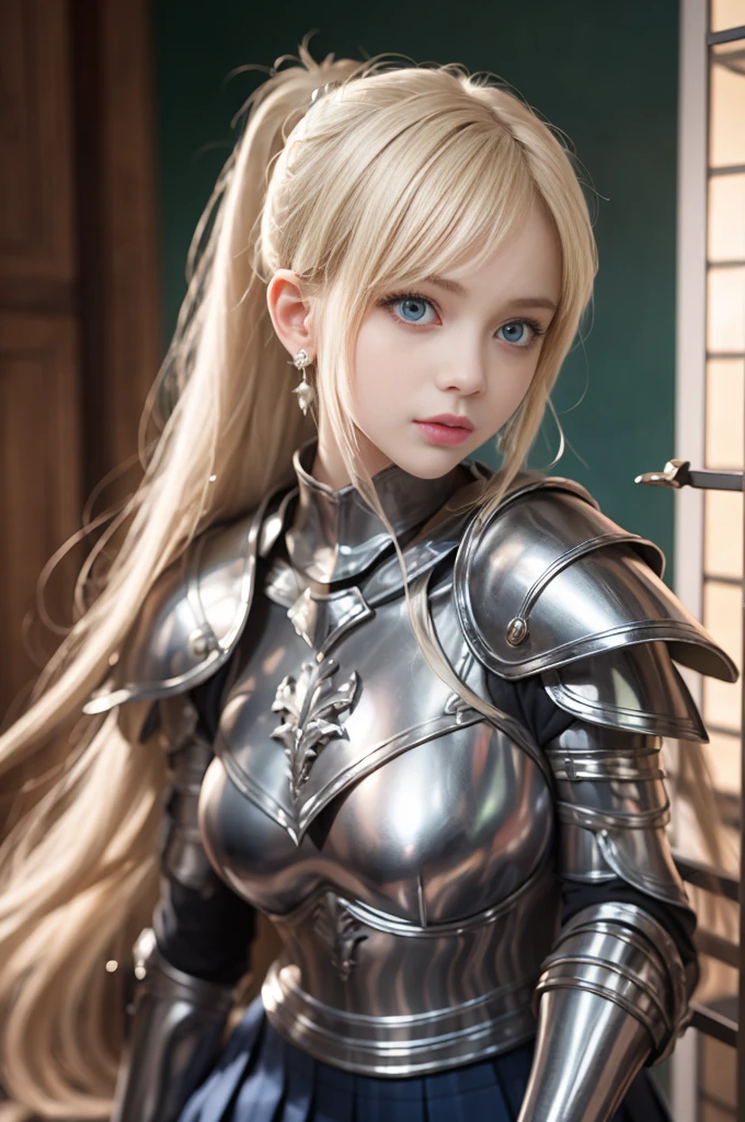 Bright expression、ponytail、Young, shiny, fair, and bright skin、best look、Blonde girl reflecting light、Platinum blonde hair,Shine、Shiny Light Hair,、Extra long silky straight hair、Beautiful shiny bangs、Sparkling crystal clear blue eyes、very beautiful、cute、16 year old girl、Full bust,Beautiful and delicate eyes, Beautiful and delicate nose,(( whole body:1.25)),Makeup that emphasizes the eyes、((Pleated skirt:1.3)),(A woman like Joan of Arc:1.3)、(Armor:1.3)、knight, (Equipped with sword and shield:1.2),Royal style,Comic style, , Subsurface scattering, Gorgeous details, Natural background, Surrealism, Movie, Dramatic Lighting, On the table、(Decorative Armor)、(佩戴光ring:1.5)、ring