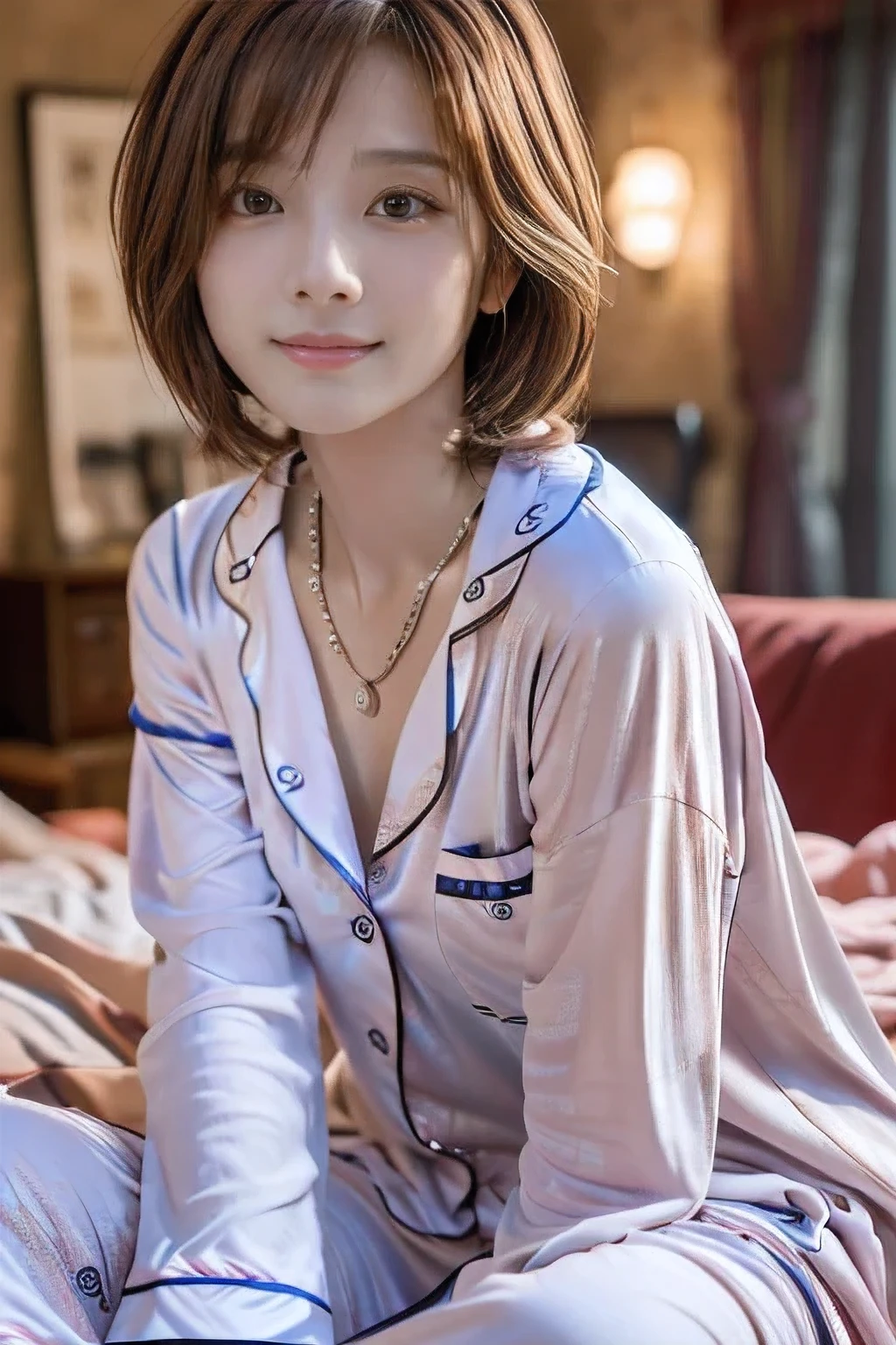 (18-year-old woman at home:1.5)、(The best quality at its best:1.4), (Super detailed), (Very detailed CG unified 16k), Beautiful woman with perfect figure: 1.4, Sharp focus: 1.2, Very detailed, High-quality RAW color photos, Professional photography, Great face and eyes, cosmetics, (Amazingly beautiful girl), ((Cute pajamas:1.5)), Sexy posture,(View from below), Realistic movie faces, Wide zoomed out view of head to foot length, Full body long view, Realistic, ((Realistic natural orange red hairstyle, Realistic blue eyes)), ( Short Bob Hair:1.5), (necklace:1.5)、, Very beautiful face, Perfect model beauty, Mouth swelling, Highly detailed face and skin texture, Fine grain, double eyelid, Medium chest, smile, Crack, west, (masterpiece), highest quality, High resolution, Very detailed, Blurred Background, Depth of written boundary, Cinema Lighting, Great legs, , Clear, well-maintained skin, (((Women make up the majority of the photo)))