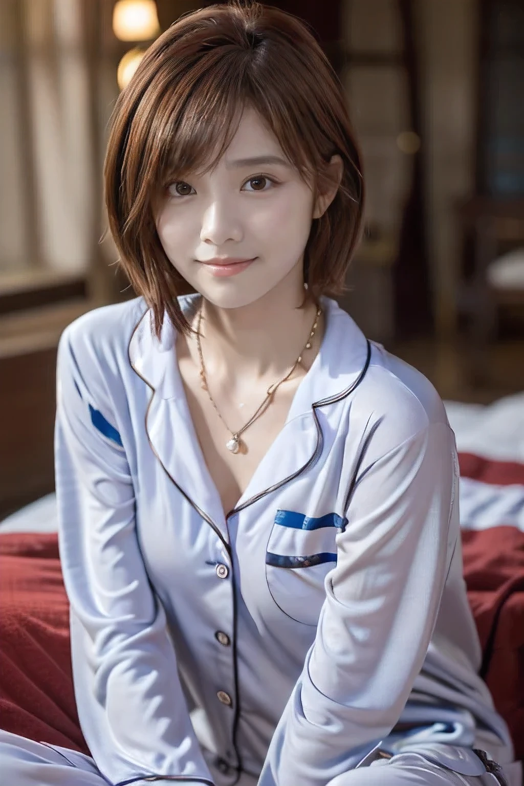(18-year-old woman at home:1.5)、(The best quality at its best:1.4), (Super detailed), (Very detailed CG unified 16k), Beautiful woman with perfect figure: 1.4, Sharp focus: 1.2, Very detailed, High-quality RAW color photos, Professional photography, Great face and eyes, cosmetics, (Amazingly beautiful girl), ((In pajamas from the morning:1.5)), Sexy posture,(View from below), Realistic movie faces, Wide zoomed out view of head to foot length, Full body long view, Realistic, ((Realistic natural orange red hairstyle, Realistic blue eyes)), ( Short Bob Hair:1.5), (necklace:1.5)、, Very beautiful face, Perfect model beauty, Mouth swelling, Highly detailed face and skin texture, Fine grain, double eyelid, Medium chest, smile, Crack, west, (masterpiece), highest quality, High resolution, Very detailed, Blurred Background, Depth of written boundary, Cinema Lighting, Great legs, , Clear, well-maintained skin, (((Women make up the majority of the photo)))