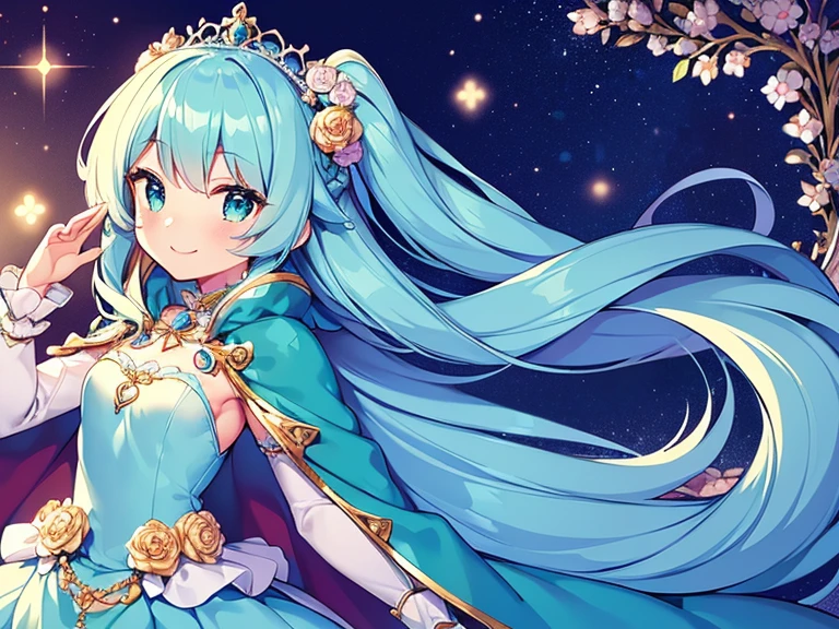 (kawaii),(best quality),(ultra detailed), upper body,(rococo style),(long train mint blue cape:1.05), very long cape,(long train mint blue ball gown with flower decorations:1.05), a girl is wearing a cape over her gown, 1 princess, tiara, smile, small breasts, very long hair