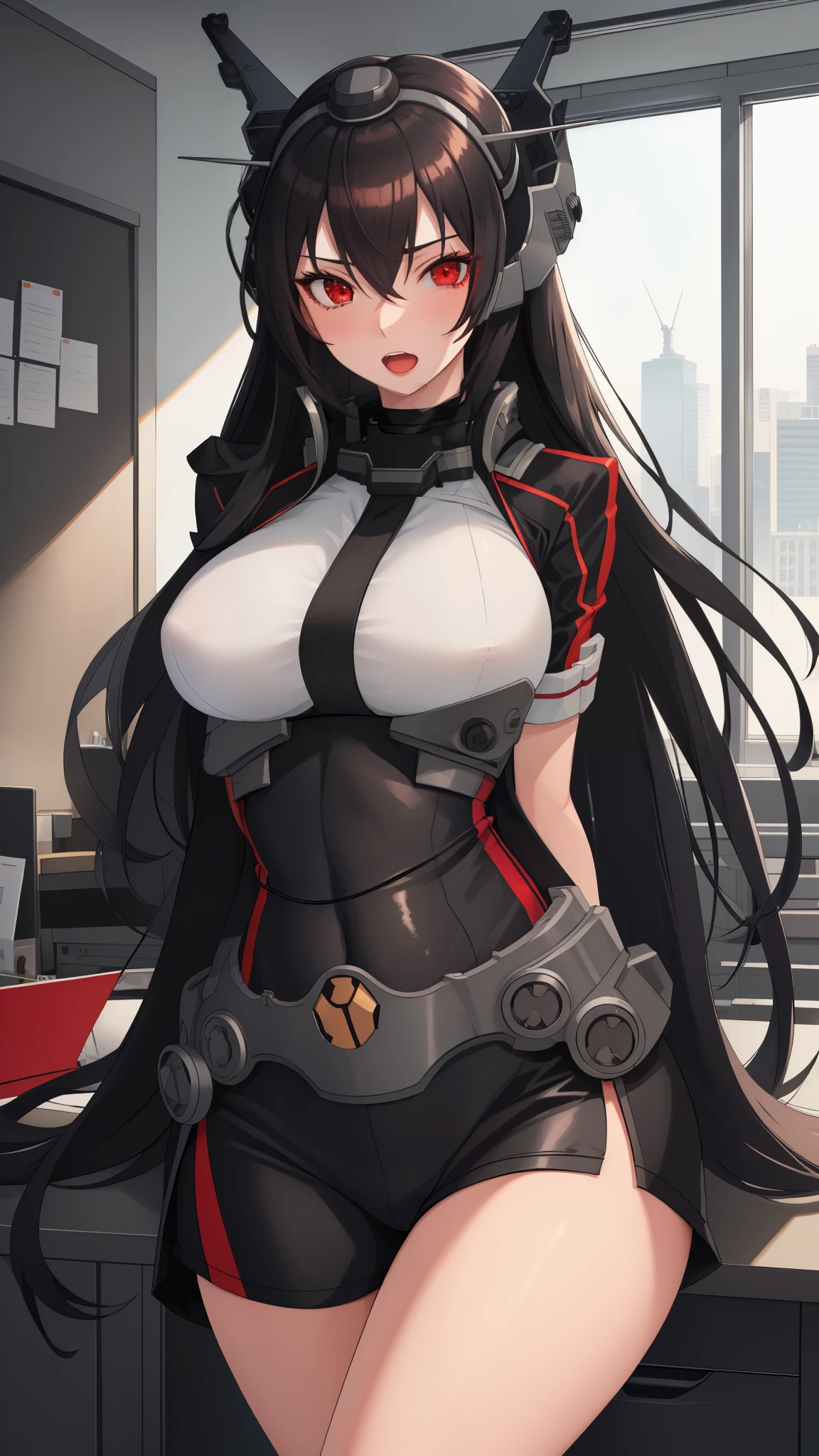 best quality, masterpiece, highres, solo,  black_hair, long_hair, red_eyes,hair_between_eyes, headgear, large_breasts, ,,indoor,,open mouth,wide hips,office suit,office room,tall,indoor