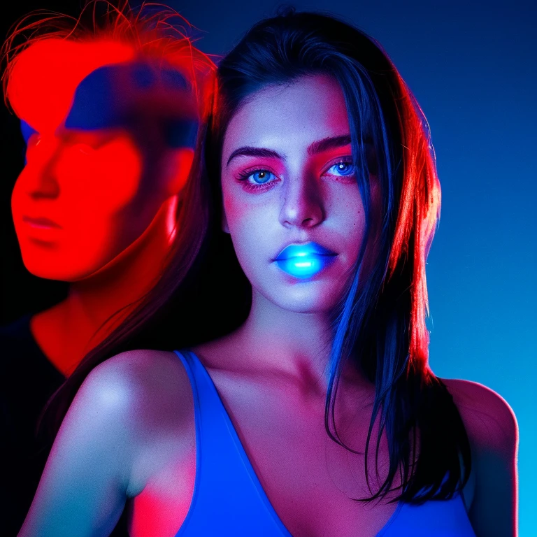 arafed image of a woman with a man's face in the background, glowing face, blue and red lighting, glowing blue face, red and blue lighting, red and blue back light, blue and red lights, red and blue neon, blue and red tones, light falling on face, face illuminated, glowing lens flare wraith girl, official artwork