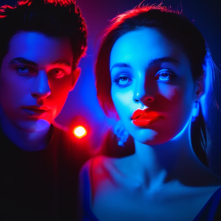 arafed image of a woman with a man's face in the background, glowing face, blue and red lighting, glowing blue face, red and blue lighting, red and blue back light, blue and red lights, red and blue neon, blue and red tones, light falling on face, face illuminated, glowing lens flare wraith girl, official artwork