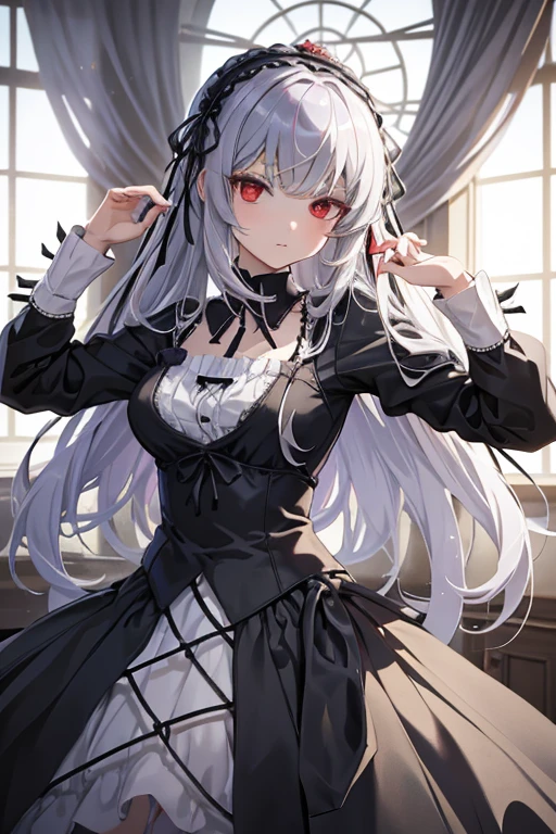 masterpiece, highest quality, High resolution, 1 -yeld giRed eyes、
Gray Hair、Straight Long Hair、Luxury Bedroom、sui1, suigintou, Gothic Dress, Flower Hair Ornaments, Long sleeve, gothic hair band, ribbon, Black Dress, Black wings