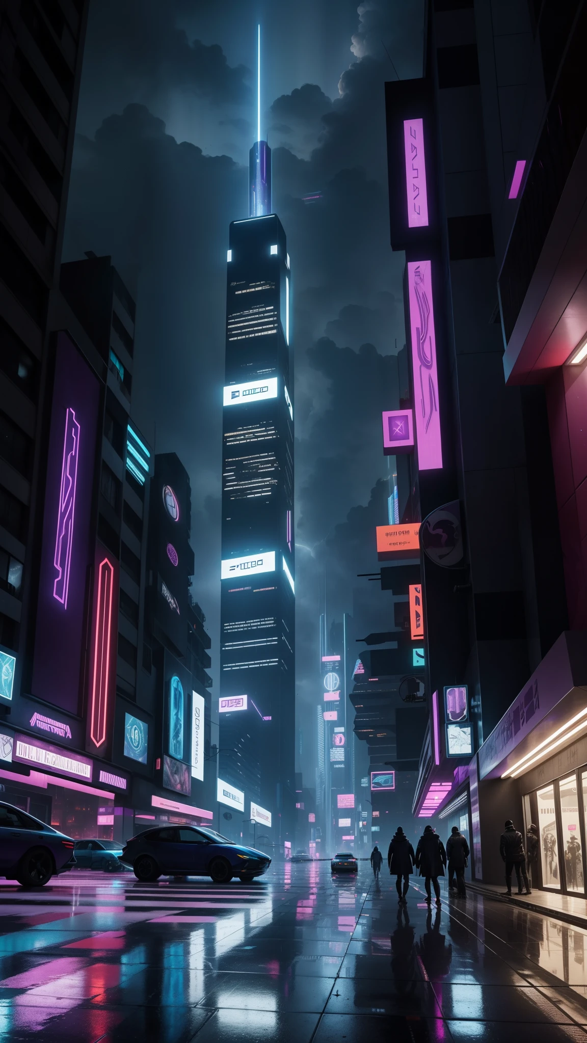 Uma cidade futurista e perturbadora, Large buildings defy gravity with their aesthetic design,e iluminado com rosa, roxo, azul. The lights of futuristic vehicles are reflected on the sidewalk by the rain that falls in the city Remembering Blade Runner, arte cyberpunk de blade runner, Dystopian Cyberpunk City