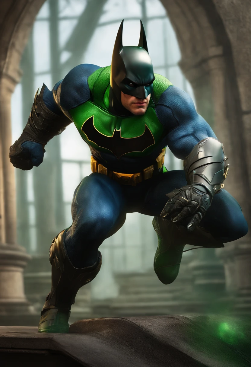 Um batmanorte verde, Amarillo y azul, mexicano, realistic inorte a titanorteium cybernorteetic suit, Detallado, designortee perfeito, High-quality, perfect and symmetrical edges ::norte_desenorteho de estilo, Low quality imperfection, bonorteeco, juego, anorteime