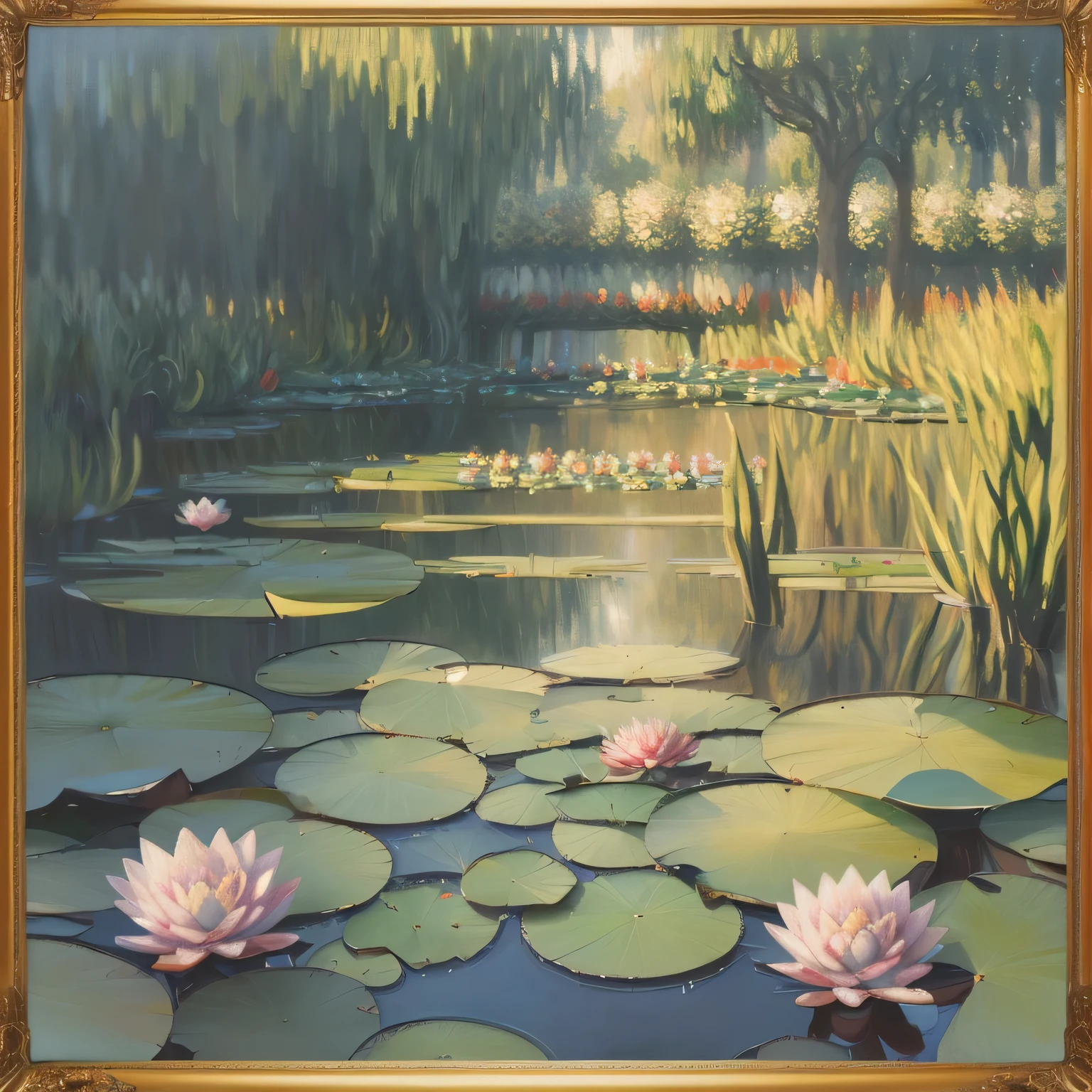 ((realistic, masterpiece, Best Quality, 8K, high resolution:1.3)), intricate details, (realistic picture frame around the picture), BREAK, (Monet's painting of a water lily pond is on campus:1.2), blurred picture of campus,