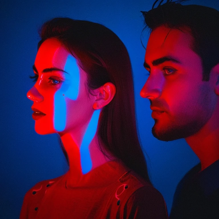 arafed image of a woman with a man's face in the background, an album cover by Giorgio Cavallon, tumblr, digital art, glowing face, blue and red lighting, glowing blue face, red and blue lighting, red and blue back light, blue and red lights, red and blue neon, blue and red tones, light falling on face, face illuminated