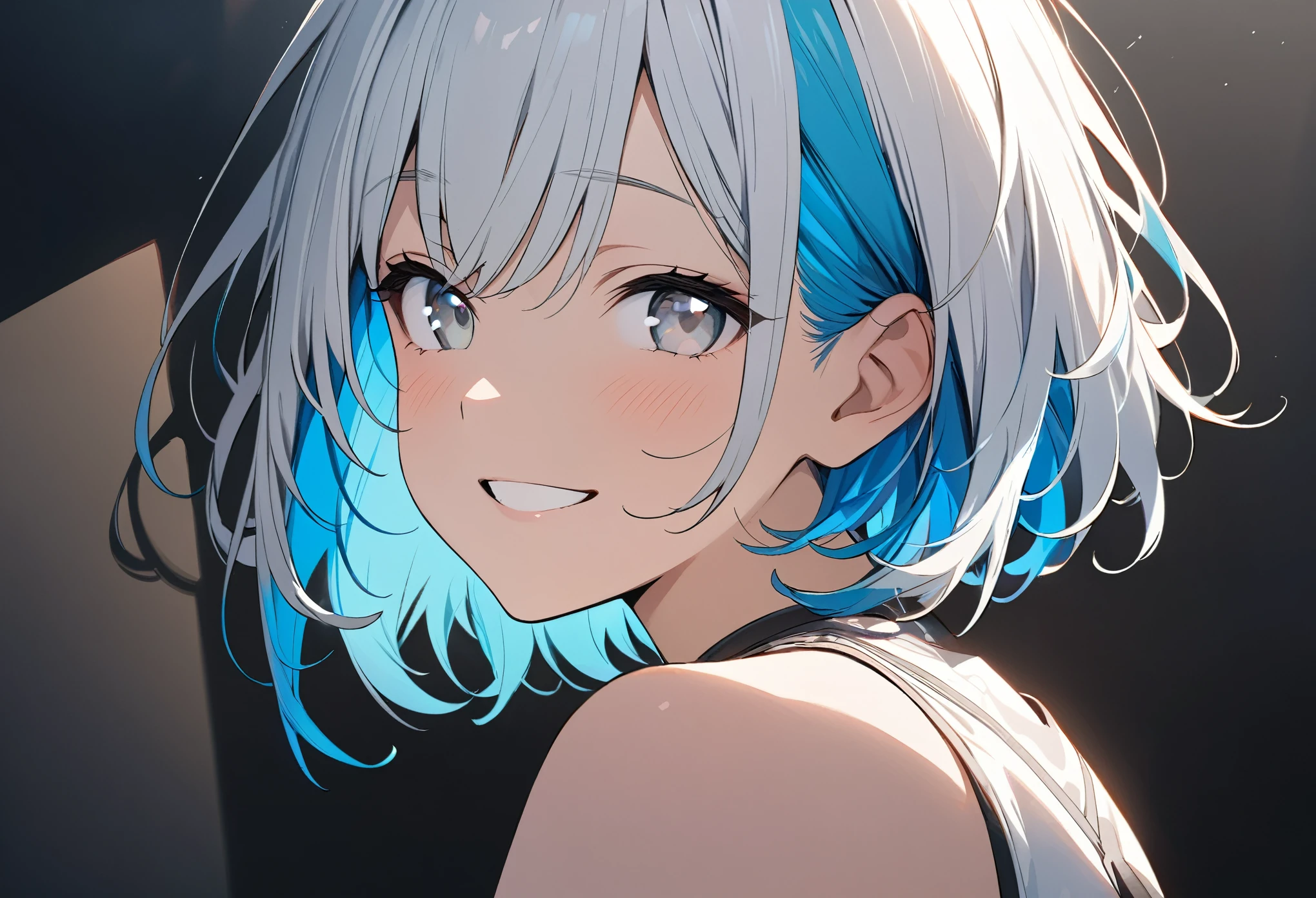 white hair, short hair, blue inner hair, muticolored hair, colored inner hair, sleeveless, white eye, 1girl, solo, masterpiece, best quality, ultra-detailed, illustration, portrait, best Light and Shadow quality, simple background, happy, small smile, (listening music)