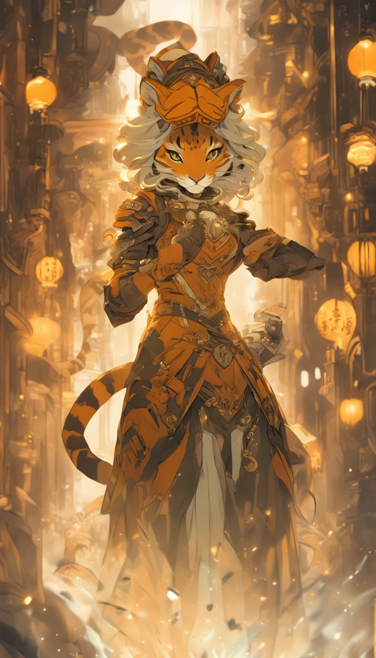 Chinese ink style,Steampunk world,Tiger-shaped steampunk warframe girl,Jet steam is suspended in the city air,Ink animation art,Ink comic art,water ink,ink,Smudge,8K,Delicately portrayed,Works of masters,Black and white tones