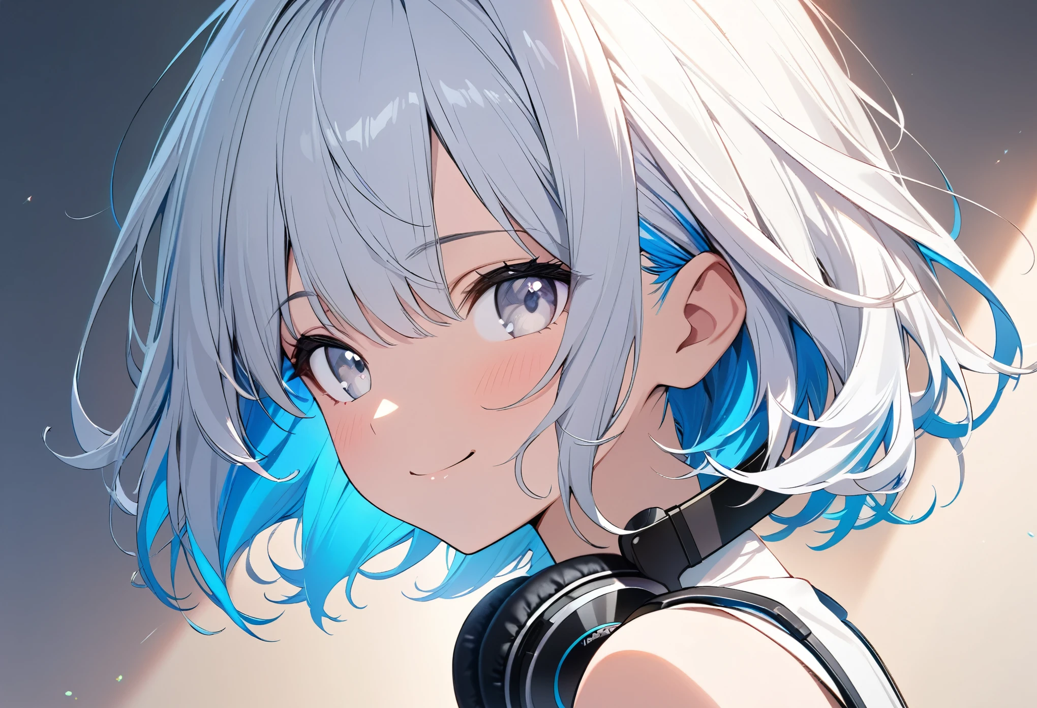 white hair, short hair, blue inner hair, muticolored hair, colored inner hair, sleeveless, white eye, 1girl, solo, masterpiece, best quality, ultra-detailed, illustration, portrait, best Light and Shadow quality, simple background, happy, small smile, (headphone)