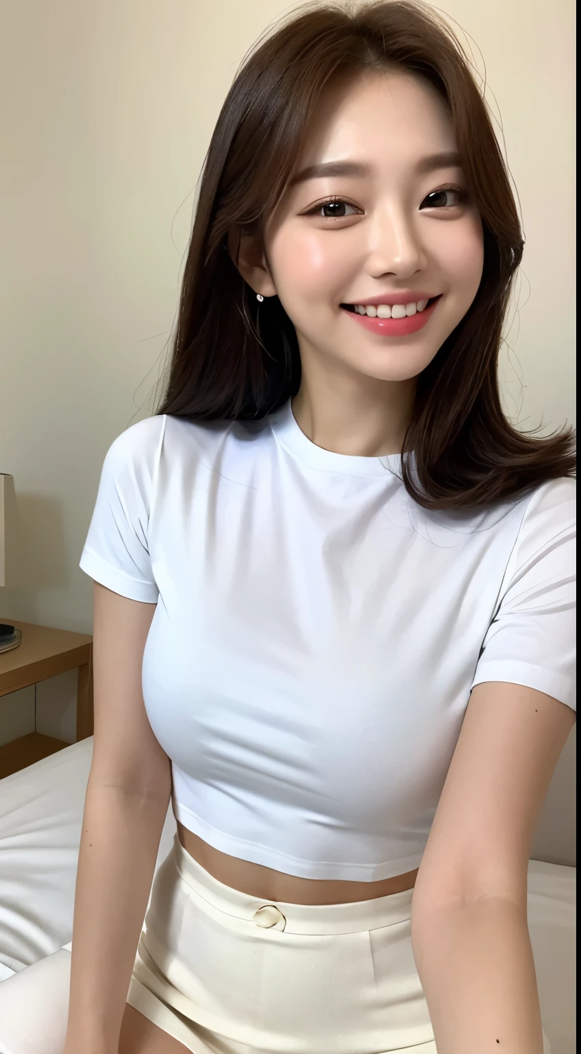 White tight shirt、White tight mini skirt、bed、smile、Short sleeve、high resolution、Korean idol face、double eyelid、White teeth