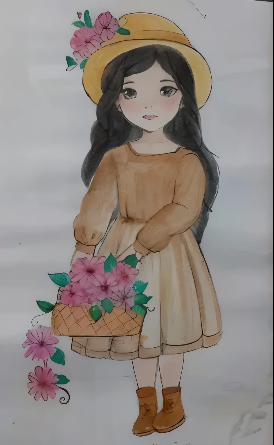 desenho de uma com uma cesta de flores, com seus cabelos negros usando chapeu, watercolored, pastel artwork, colored sketch, colorized pencil sketch