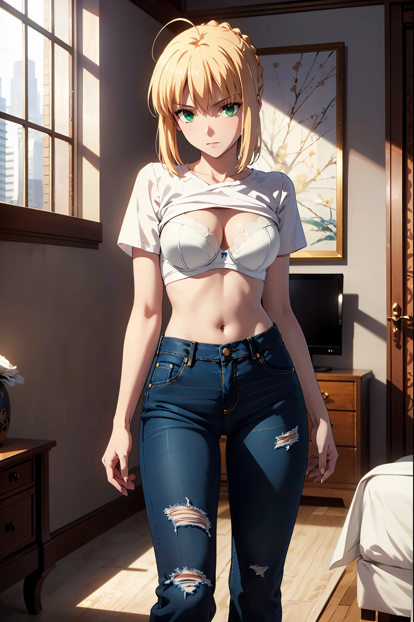 NSFW Highest Quality, masterpiece,{Artoria Pendragon} High resolution, Super detailed, Art Book, Anime Coloring, CG, figure, Fantasy, 1 girl, alone (((0damaged denim pants))))++ Luxury hotel room Beautiful night view A kind face, green eyes, a shirt lift Cute white bra Underboob Take off your shirt Undressing