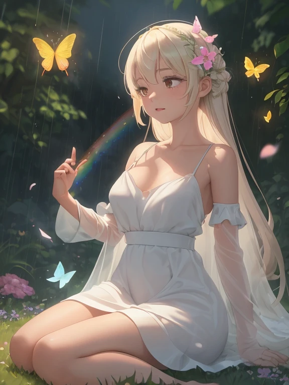 masterpiece, 1girl, solo, colorful, (cinematic lighting:1.1), (bare shoulders), (collarbone), In this whimsical and fantastical garden, the scene is illuminated by a rainbow of (colorful fireflies), dancing and fluttering in the air. The garden is decorated by a gentle (drizzle), creating a misty and ethereal atmosphere. In the center of the scene, there is a single girl, an extremely delicate and beautiful girl, with cute features and an innocent expression. Her long hair is flowing with the wind. She is wearing no shoulder straps dress, which is ultra low cut, highlighting her delicate curves.
The lighting is very delicate and beautiful, creating a soft and warm glow that highlights the water, making it sparkle like diamonds. The finest grass is also illuminated, creating a lush and verdant carpet. The garden is surrounded by colorful flower fields, with blooms of every color and shape. Colorful butterflies, of every shade and size, can be seen fluttering around the scene, adding to the overall sense of wonder and magic. A blush can be seen on her nose, and her mouth is slightly open, adding to the overall sense of innocence and youthfulness. Falling petals can be seen floating around her, adding to the overall sense of romance and beauty. A gentle wind is blowing through the scene, making the leaves rustle and the flowers sway, adding to the overall sense of movement and life. This is a scene of pure wonder and magic, filled with color and beauty, where the viewer can lose themselves in the enchanting and captivating world.